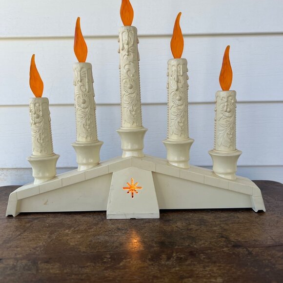 Vintage Electric Cream Plastic Candelabra With Orange Flame Bulbs & Floral Carvi - Picture 1 of 2